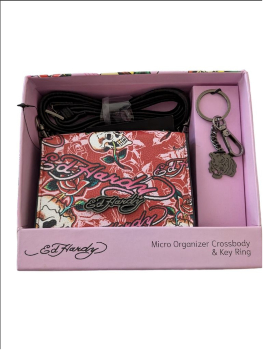 NWT Ed Hardy Y2K Skull Rose Micro Crossbody Wallet + Keychain